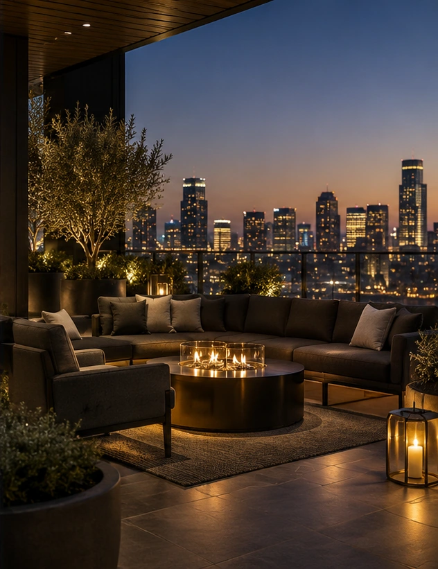 Illustrative rooftop terrace overlooking a city