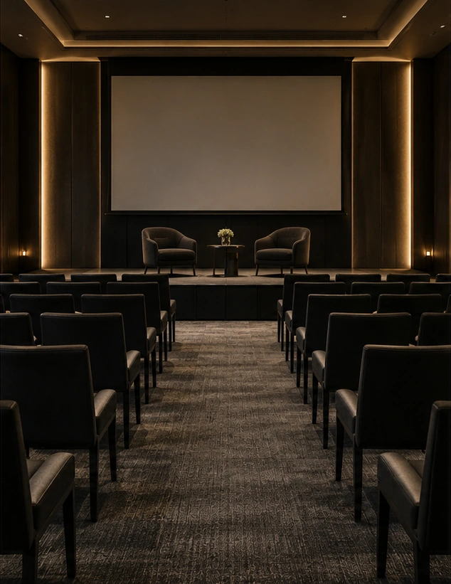 Illustrative conference setting with warm lighting