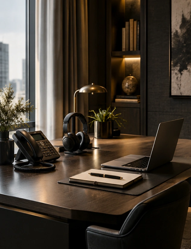 Illustrative workspace with a laptop and headset