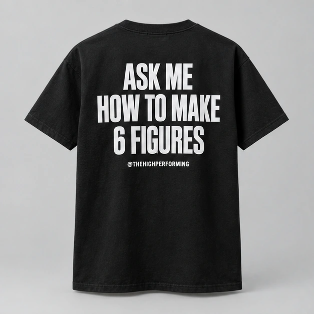 Back of black THP T-shirt with the six figures statement